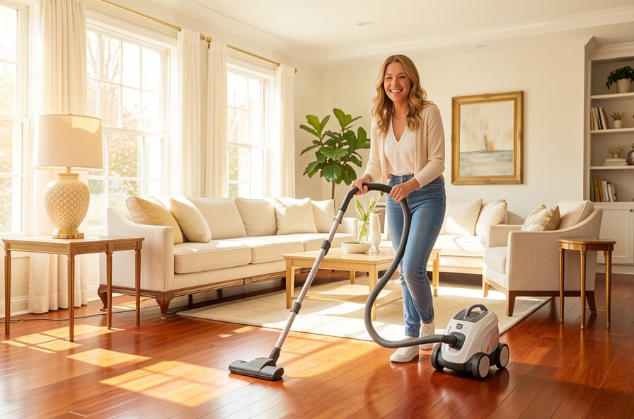 Happy homeowner vacuuming a bright clean living room