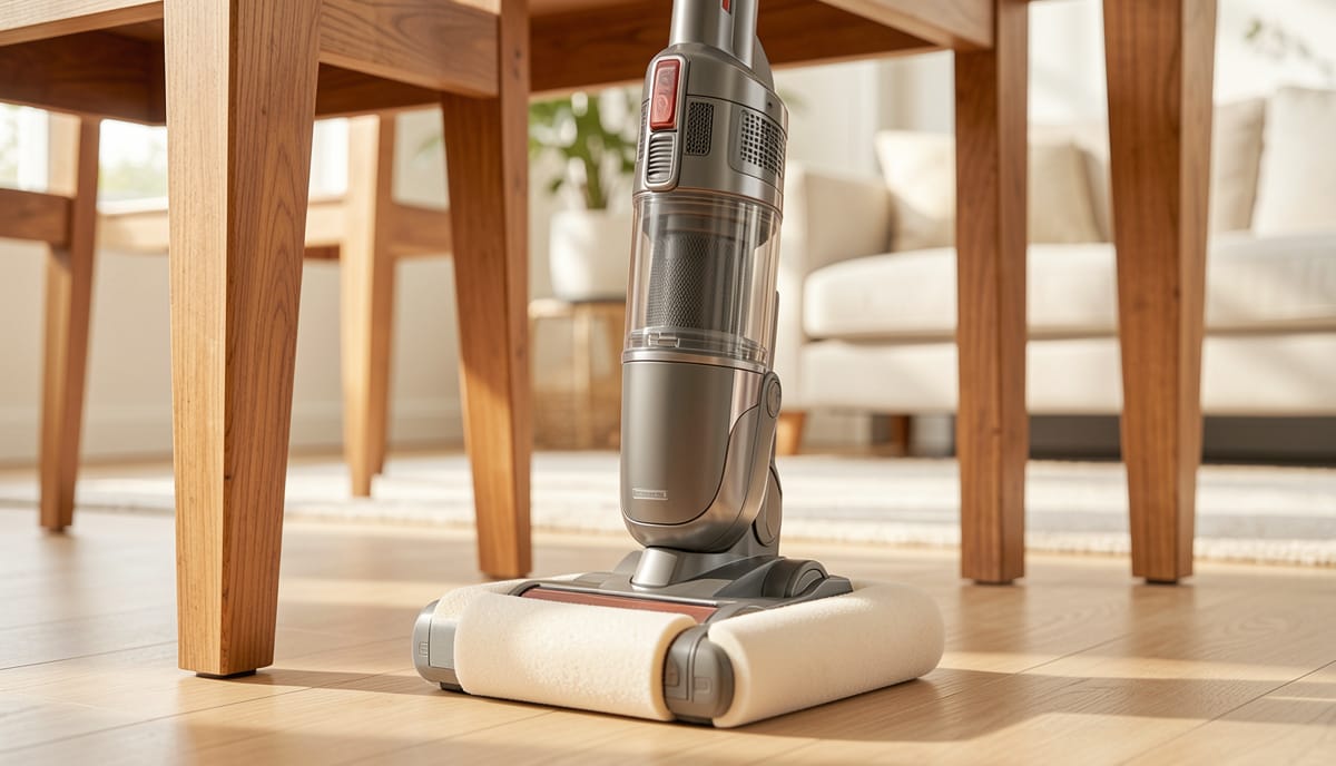 Bumpster protective vacuum bumper near wooden furniture legs