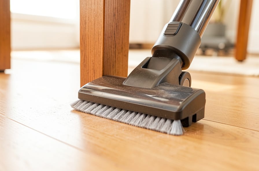 Bumpster dusting a baseboard as a vacuum moves